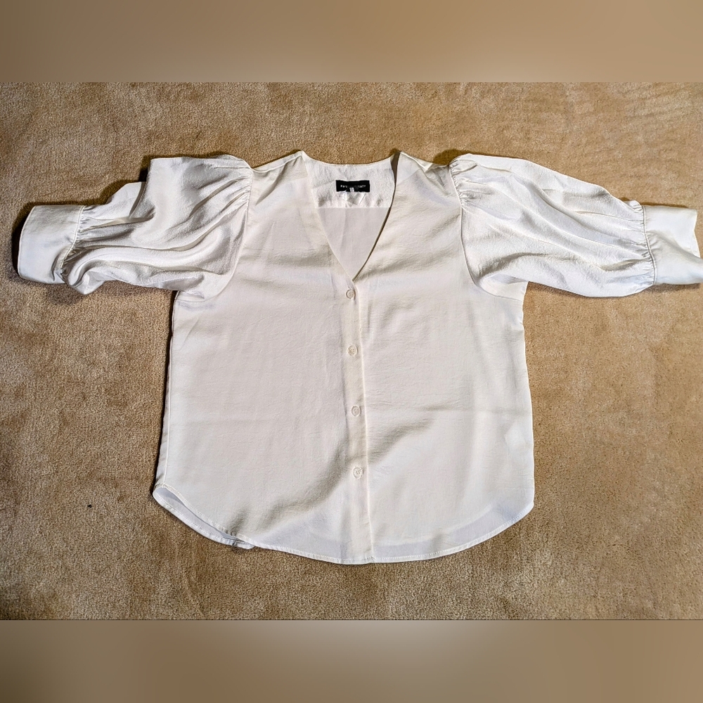 Women's Fifteen Twenty Cream Satin Blouse, V-Neck, Puff Sleeve| Size M - Picture 2 of 10